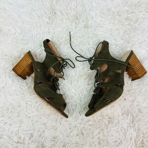 RESTRICTED olive green lace up open toe cut out summer block heels size 8